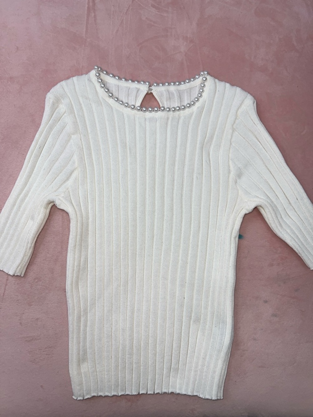 Pearl-Trim Ribbed Crop Top